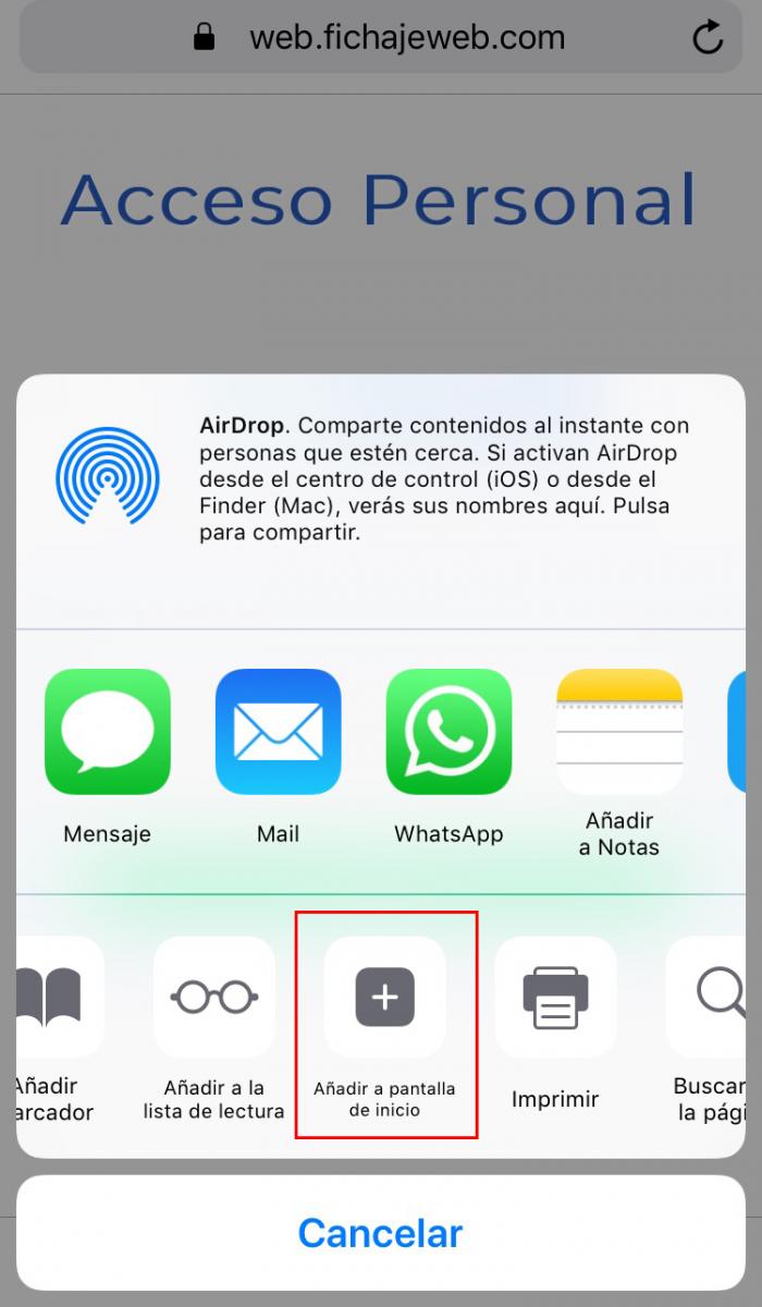 Paso 2 de creación de acceso directo para dispositivos Apple iOS